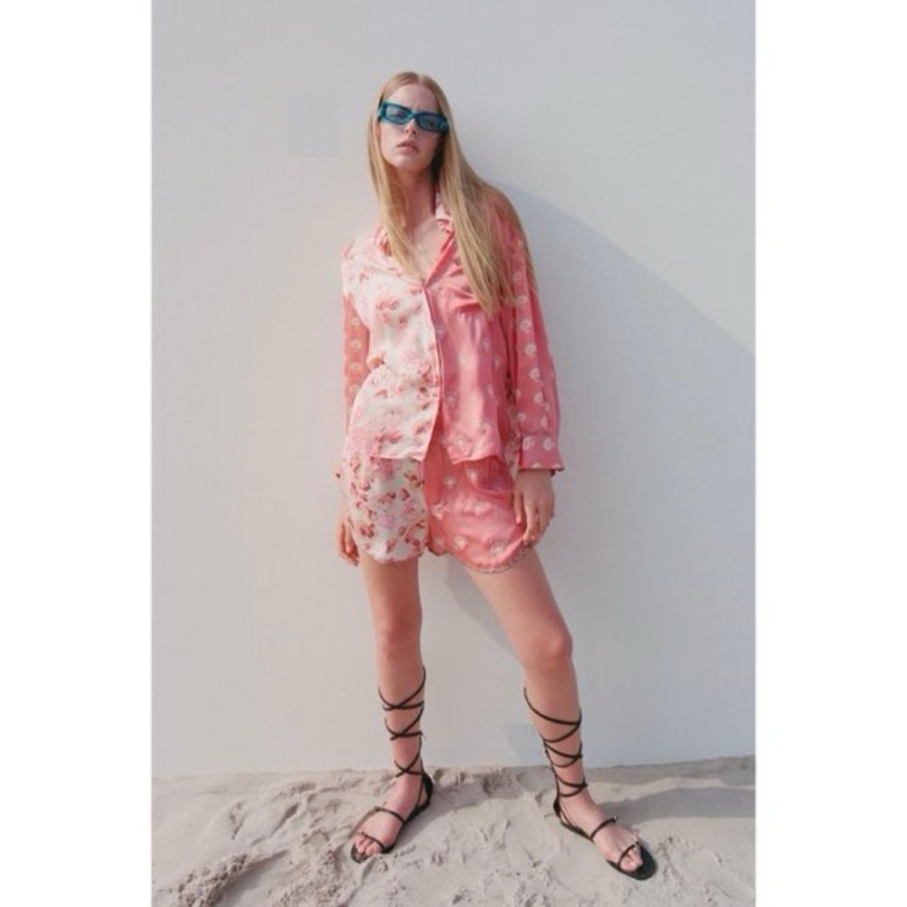 SET ZARA Silia Floral Printed Embroidered Silky Drawstring Short Blouse Set XS - Picture 11 of 13